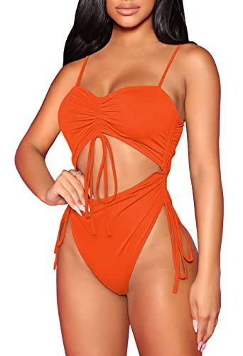 Pink Queen Damen Hoch Geschnitten Einteiliger Badeanzug Trägern Geraffter Frecher Shape Monokini Kordelzug Orange M von Pink Queen