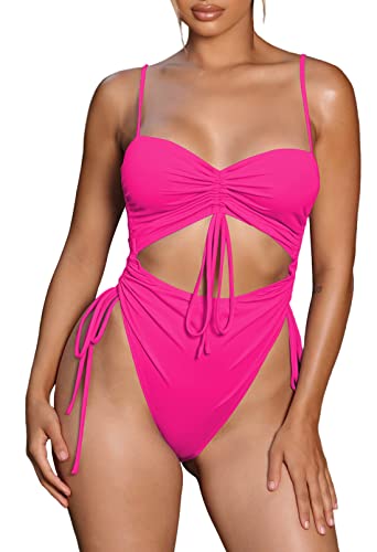 Pink Queen Damen Hoch Geschnitten Einteiliger Badeanzug Trägern Geraffter Frecher Shape Monokini Kordelzug Rosenrot S von Pink Queen