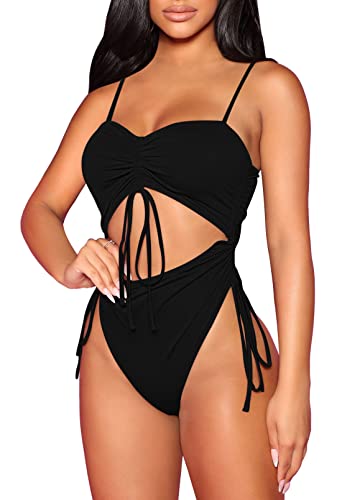 Pink Queen Damen Hoch Geschnitten Einteiliger Badeanzug Trägern Geraffter Frecher Shape Monokini Kordelzug Schwarz M von Pink Queen
