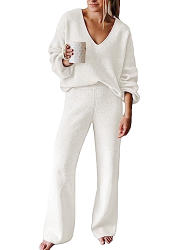 Pink Queen Damen Loungewear Jogginganzug V-Ausschnitt Lange Ärmel Trainingsanzug Hausanzug Zweiteiler Set Outfit Weiß M von Pink Queen