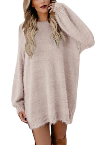 Pink Queen Damen Mini Pulloverkleid Rundhals Pullover Übergroßer Puffärmel Langarm Pelziger Strick-Minikleid Aprikose S von Pink Queen