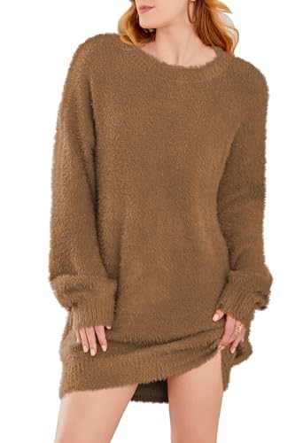 Pink Queen Damen Mini Pulloverkleid Rundhals Pullover Übergroßer Puffärmel Langarm Pelziger Strick-Minikleid Braun L von Pink Queen
