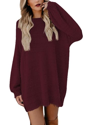 Pink Queen Damen Mini Pulloverkleid Rundhals Pullover Übergroßer Puffärmel Langarm Pelziger Strick-Minikleid Rubin M von Pink Queen