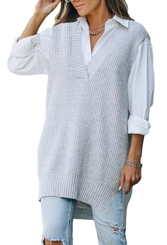Pink Queen Damen Oversize Pullunder V-Ausschnitt Strickpullover Weste Ärmelloser Tanktop Übergroßer Grau M von Pink Queen