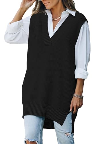 Pink Queen Damen Oversize Pullunder V-Ausschnitt Strickpullover Weste Ärmelloser Tanktop Übergroßer Schwarz M von Pink Queen