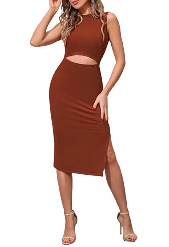 Pink Queen Damen Rundhals Kleid Ärmellos Ausschnitt Seitenschlitz Knielang Bodycon Schlank Midikleid Cut Out Braun XL von Pink Queen