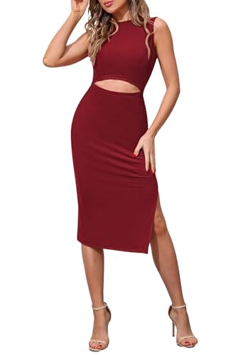 Pink Queen Damen Rundhals Kleid Ärmellos Ausschnitt Seitenschlitz Knielang Bodycon Schlank Midikleid Geschlitzt Rubin M von Pink Queen