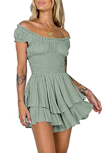 Pink Queen Damen Schulterfrei Boho Minikleid Strampler Trägerlos Jumpsuits Kurze Ärmel Schweizer Punkt Playsuits Grün L von Pink Queen