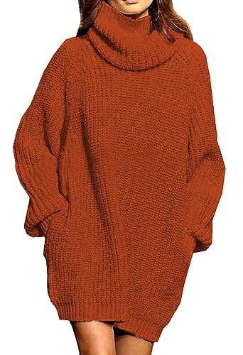 Pink Queen Damen Strickpullover Oversize Pulloverkleid Rollkragen Lose Taschen Langarm Lässig Longpullover Braun L von Pink Queen