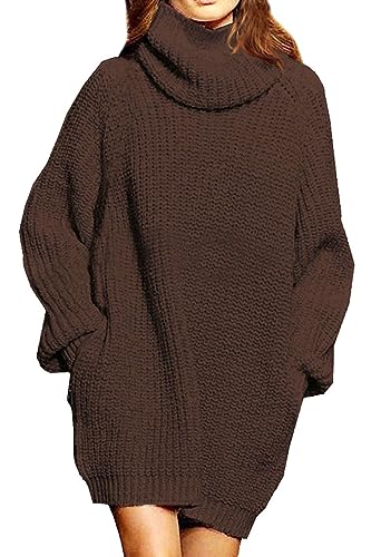 Pink Queen Damen Strickpullover Oversize Pulloverkleid Rollkragen Lose Taschen Langarm Lässig Longpullover Dunkelbraun M von Pink Queen