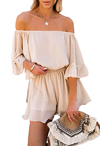 Pink Queen Damen Trägerlos Boho Jumpsuit Mini Kleid Rüschen Strampler Shorts Schulterfrei Sommer Spielanzug Aprikose XL von Pink Queen