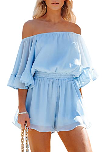 Pink Queen Damen Trägerlos Boho Jumpsuit Mini Kleid Rüschen Strampler Shorts Schulterfrei Sommer Spielanzug Hellblau M von Pink Queen