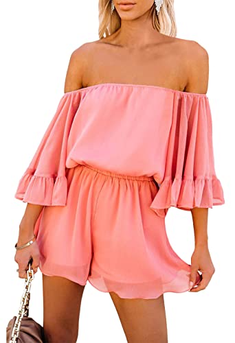 Pink Queen Damen Trägerlos Boho Jumpsuit Mini Kleid Rüschen Strampler Shorts Schulterfrei Sommer Spielanzug Korallenrot XL von Pink Queen