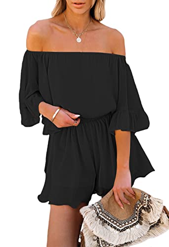Pink Queen Damen Trägerlos Boho Jumpsuit Mini Kleid Rüschen Strampler Shorts Schulterfrei Sommer Spielanzug Schwarz XL von Pink Queen