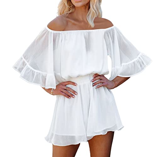 Pink Queen Damen Trägerlos Boho Jumpsuit Mini Kleid Rüschen Strampler Shorts Schulterfrei Sommer Spielanzug Weiß XL von Pink Queen