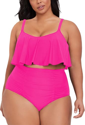 Pink Queen Damen Übergröße Tankini Set 2-Teiliges Bauchkontrolle Badeanzüge Strand Rüschen Plus Size Bikini Rosa 3XL von Pink Queen