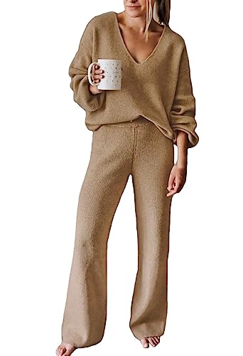 Pink Queen Damen Übergroßes Jogginganzug V-Ausschnitt Lange Ärmel Trainingsanzug Homewear Zweiteiler Set Outfit Khaki L von Pink Queen