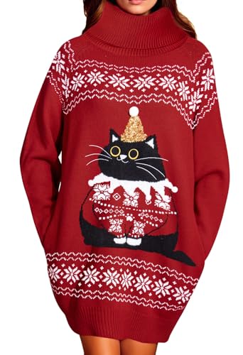 Pink Queen Damen Übergroßes Langes Pulloverkleid Rollkragen Taschen Minikleid Weihnachts Strick Pullover Gold L von Pink Queen