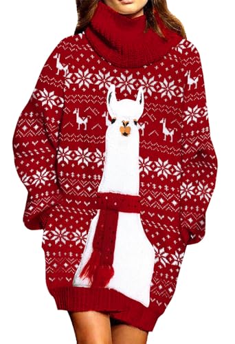 Pink Queen Damen Übergroßes Langes Pulloverkleid Rollkragen Taschen Minikleid Weihnachtskleider Strick Pullover Dunkelrot M von Pink Queen