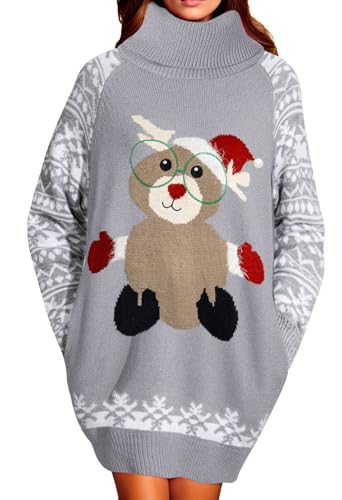Pink Queen Damen Übergroßes Langes Pulloverkleid Rollkragen Taschen Minikleid Weihnachtskleider Strick Pullover Grau XL von Pink Queen