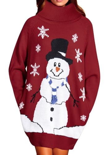 Pink Queen Damen Übergroßes Langes Pulloverkleid Rollkragen Taschen Minikleid Weihnachtskleider Strick Pullover Rubin XL von Pink Queen