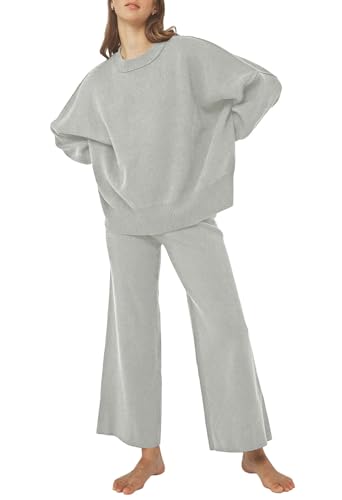 Pink Queen Damen Zweiteiler Lockere Schlafanzug Homewear Outfits Fledermausärmeln Weitem Bein Hose Loungewear Grau S von Pink Queen