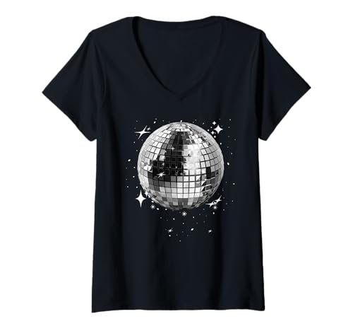 Damen Vintage Schwarz-Weiß Disco-Kugel Geburtstagsparty Tanz Retro T-Shirt mit V-Ausschnitt von Pink Retro Disco Ball Vintage 70's Dance Music