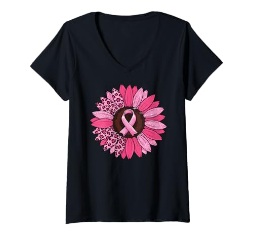 Damen Rosa Schleife Sonnenblume Zur Unterstützung des T-Shirt mit V-Ausschnitt Damen Rosa Schleife Sonnenblume Zur Unterstützung des T-Shirt mit V-Ausschnitt von Pink Ribbon Awareness Floral Leopard Support