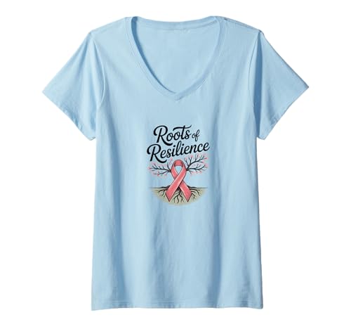 Damen Roots of Resilience Brustkrebs-Bewusstseins-Baum, rosa Schleife T-Shirt mit V-Ausschnitt von Pink Ribbon Blossoms & Nature-Inspired Support Tee