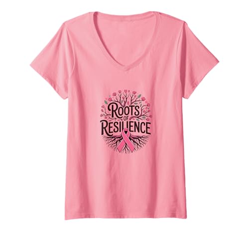 Damen Roots of Resilience Brustkrebs-Bewusstseins-Baum, rosa Schleife T-Shirt mit V-Ausschnitt von Pink Ribbon Blossoms & Nature-Inspired Support tee
