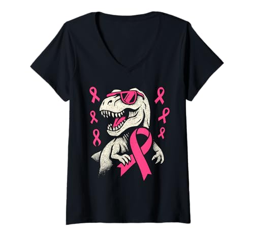 Damen Pink Ribbon T Rex Kinder Brustkrebs-Bewusstsein Jungen Kleinkind T-Shirt mit V-Ausschnitt Damen Pink Ribbon T Rex Kinder Brustkrebs-Bewusstsein Jungen Kleinkind T-Shirt mit V-Ausschnitt von Pink Ribbon Breast Cancer Awareness Kids Men Women