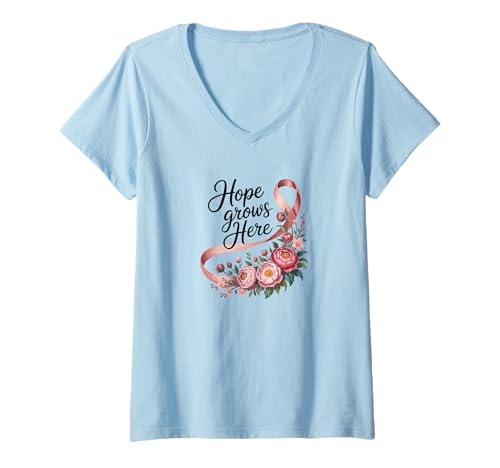 Damen Hope Grows Here Shirt Brustkrebs-Bewusstsein Floral T-Shirt mit V-Ausschnitt Damen Hope Grows Here Shirt Brustkrebs-Bewusstsein Floral T-Shirt mit V-Ausschnitt von Pink Ribbon Breast Cancer Support Shirts Women's