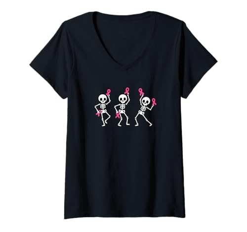 Damen Pink Ribbon Brustkrebs-Bewusstseins-Skelett T-Shirt mit V-Ausschnitt Damen Pink Ribbon Brustkrebs-Bewusstseins-Skelett T-Shirt mit V-Ausschnitt von Pink Ribbon Breast Cancer funny