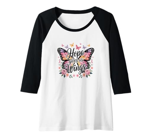 Damen Hope Gives Us Wings Brustkrebs-Bewusstsein rosa Schmetterling Raglan Damen Hope Gives Us Wings Brustkrebs-Bewusstsein rosa Schmetterling Raglan von Pink Ribbon Butterfly Graphic Tee for Women