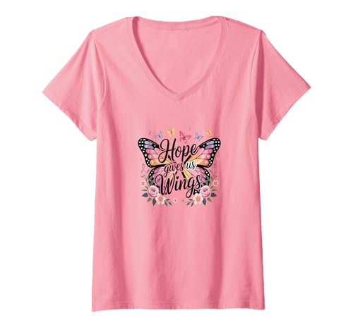 Damen Hope Gives Us Wings Brustkrebs-Bewusstsein rosa Schmetterling T-Shirt mit V-Ausschnitt von Pink Ribbon Butterfly Graphic Tee for Women
