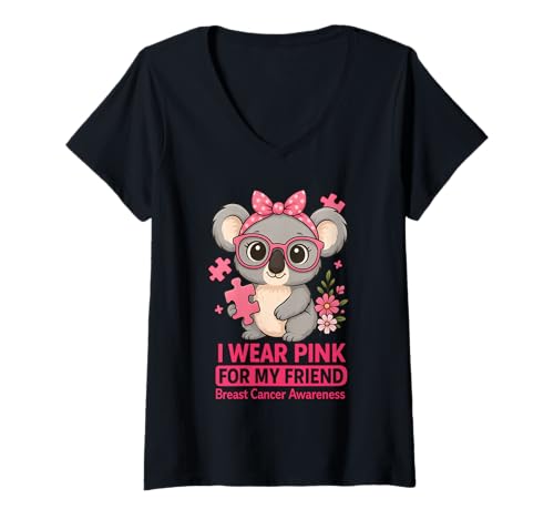 Damen Baby Koala Ich trage Rosa, um Meine Freundin auf Brustkrebs aufmerksam zu Machen T-Shirt mit V-Ausschnitt von Pink Ribbon Cute Baby Koala Apparel Co.
