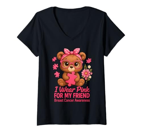 Damen Baby Bear I Wear Pink for My Friend Brustkrebs-Bewusstsein T-Shirt mit V-Ausschnitt von Pink Ribbon Cute baby bear Apparel Co.