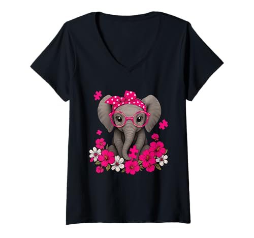 Damen Elefanten-Brustkrebs-Bewusstsein rosa Band T-Shirt mit V-Ausschnitt Damen Elefanten-Brustkrebs-Bewusstsein rosa Band T-Shirt mit V-Ausschnitt von Pink Ribbon Elephant Awareness Apparel Co