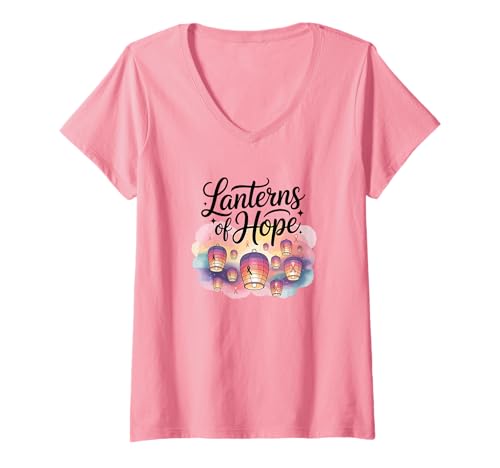 Damen Lanterns of Hope Brustkrebsbewusstsein Herren Damen T-Shirt mit V-Ausschnitt Damen Lanterns of Hope Brustkrebsbewusstsein Herren Damen T-Shirt mit V-Ausschnitt von Pink Ribbon Floating Lanterns Support Shirts