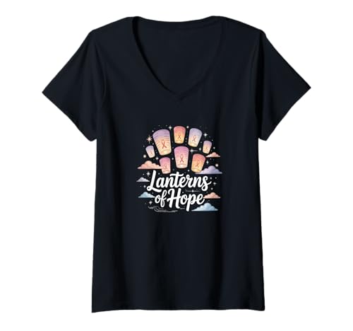 Damen Lanterns of Hope Brustkrebs-Bewusstseins-T-Shirt mit rosa Schleife T-Shirt mit V-Ausschnitt Damen Lanterns of Hope Brustkrebs-Bewusstseins-T-Shirt mit rosa Schleife T-Shirt mit V-Ausschnitt von Pink Ribbon Floating Lanterns Support Tee October