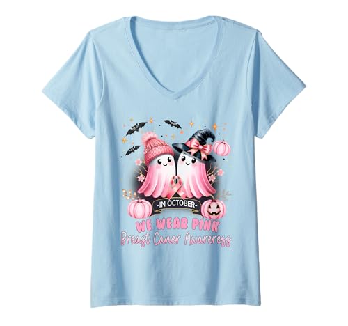 Damen Im Oktober tragen wir Pink Ghost Witch Breast Cancer Awareness T-Shirt mit V-Ausschnitt Damen Im Oktober tragen wir Pink Ghost Witch Breast Cancer Awareness T-Shirt mit V-Ausschnitt von Pink Ribbon Ghost Breast Cancer Awareness