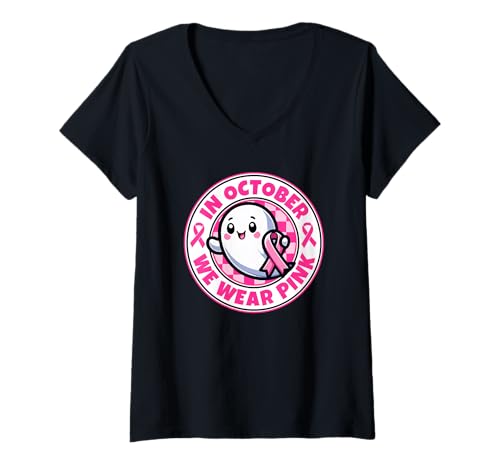 Damen Im Oktober tragen wir rosa süße Geister-Brustkrebs-Bewusstsein T-Shirt mit V-Ausschnitt Damen Im Oktober tragen wir rosa süße Geister-Brustkrebs-Bewusstsein T-Shirt mit V-Ausschnitt von Pink Ribbon Ghost Halloween Breast Cancer
