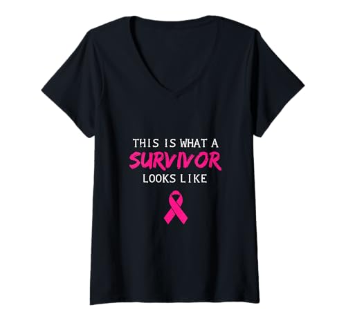 Damen Krebs Survivor Frauen Geschenkidee Brustkrebs Bewusstsein T-Shirt mit V-Ausschnitt von Pink Ribbon Gift Breast Cancer Awareness