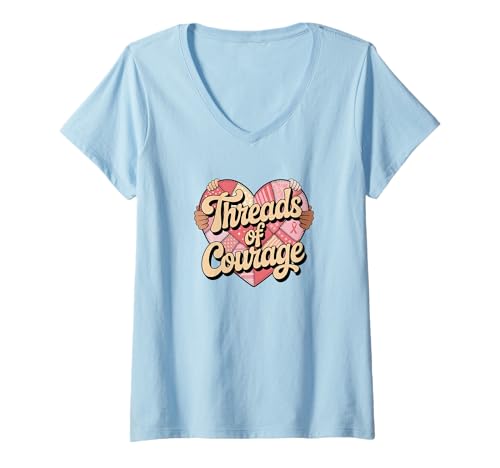 Damen Threads of Courage Brustkrebs-Bewusstseins-Steppdecke, Herz T-Shirt mit V-Ausschnitt Damen Threads of Courage Brustkrebs-Bewusstseins-Steppdecke, Herz T-Shirt mit V-Ausschnitt von Pink Ribbon Support Unity Hands Shirt for Women's