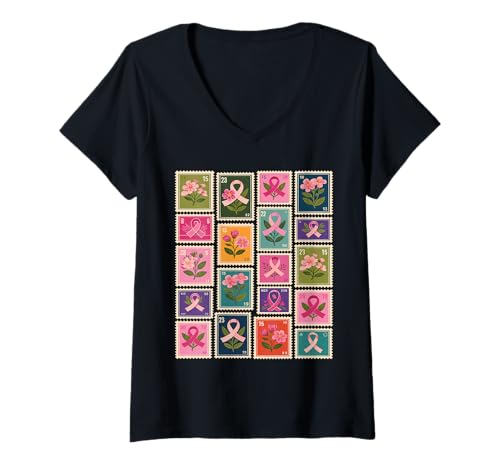 Damen Vintage Rosa Schleifen auf Brustkrebs Stempeln T-Shirt mit V-Ausschnitt von Pink Ribbons Awareness Stamp Collection
