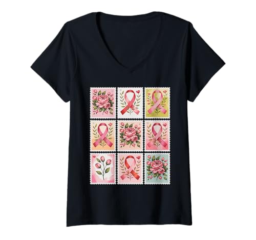 Damen Vintage Briefmarke Brustkrebs Bewusstsein Unterstützung T-Shirt mit V-Ausschnitt Damen Vintage Briefmarke Brustkrebs Bewusstsein Unterstützung T-Shirt mit V-Ausschnitt von Pink Ribbons Awareness Vintage Stamps