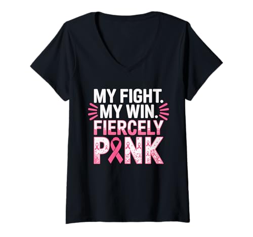 Damen Kämpfen und Siegen: Unterstützung gegen Brustkrebs T-Shirt mit V-Ausschnitt von Pink Ribbons Fighter Support Community