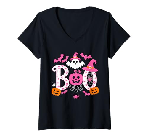 Damen Pink Spuk Brustkrebs Bewusstsein Halloween T-Shirt mit V-Ausschnitt von Pink Ribbons Halloween Support