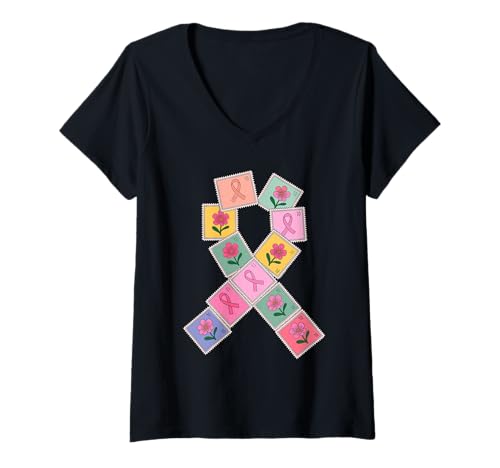 Damen Vintage Briefmarke Brustkrebs Bewusstsein T-Shirt mit V-Ausschnitt von Pink Ribbons Vintage Art