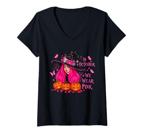 Damen Im Oktober tragen wir Pink Brustkrebs Hexe Halloween T-Shirt mit V-Ausschnitt Damen Im Oktober tragen wir Pink Brustkrebs Hexe Halloween T-Shirt mit V-Ausschnitt von Pink Ribbons Witchy October Support